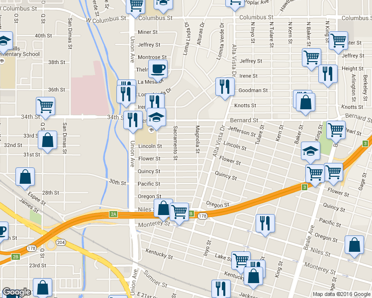 map of restaurants, bars, coffee shops, grocery stores, and more near 225 Lincoln Street in Bakersfield
