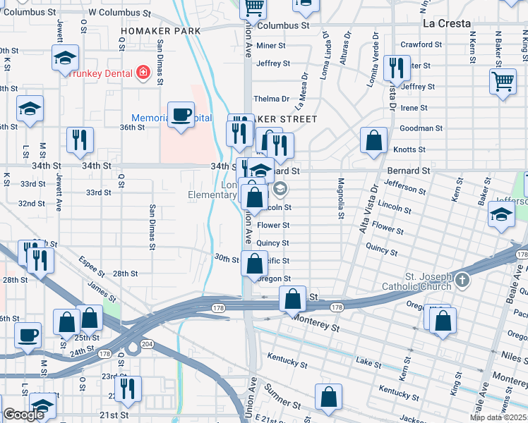 map of restaurants, bars, coffee shops, grocery stores, and more near 3118 Union Avenue in Bakersfield