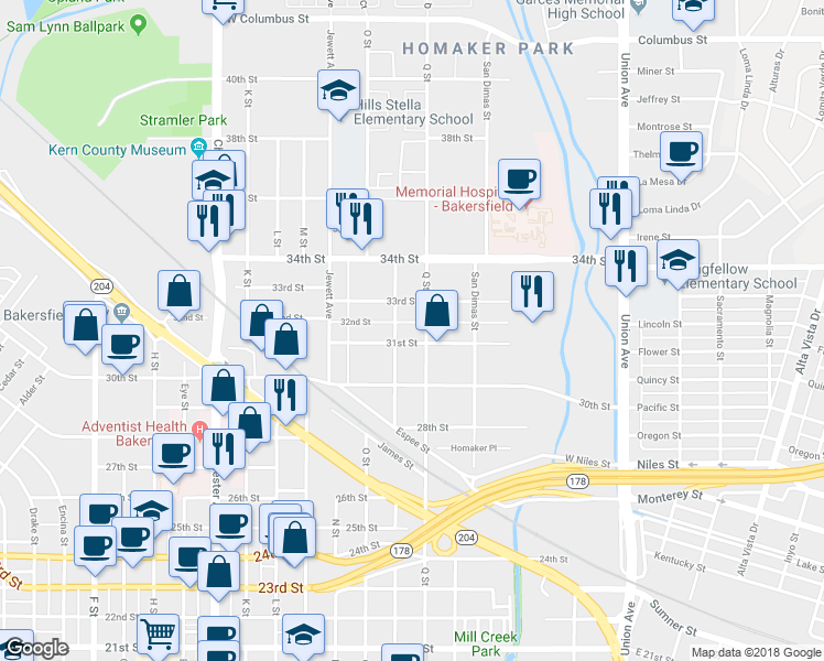 map of restaurants, bars, coffee shops, grocery stores, and more near 824 31st Street in Bakersfield