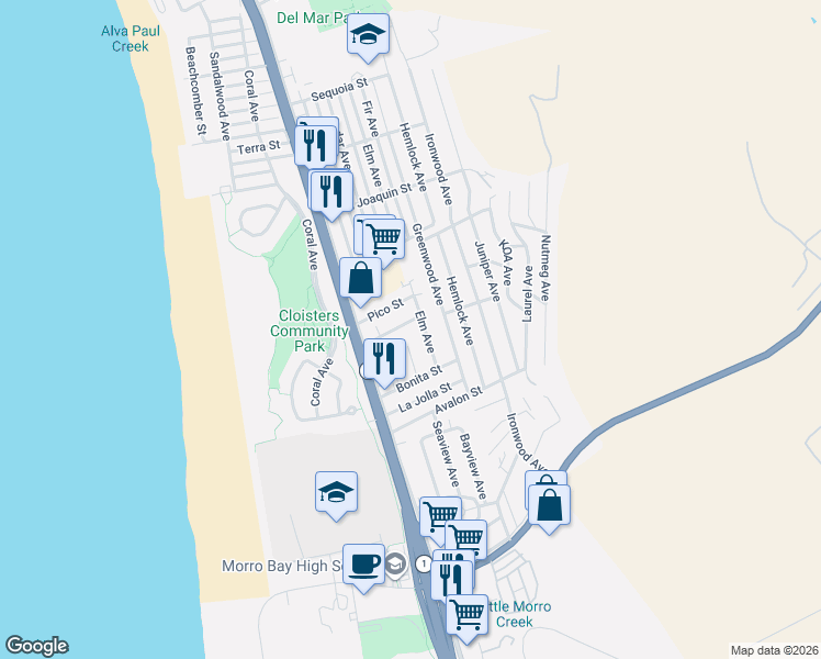 map of restaurants, bars, coffee shops, grocery stores, and more near 2462 Reno Court in Morro Bay