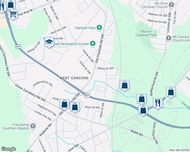 map of restaurants, bars, coffee shops, grocery stores, and more near 715 Old Charlotte Road Southwest in Concord