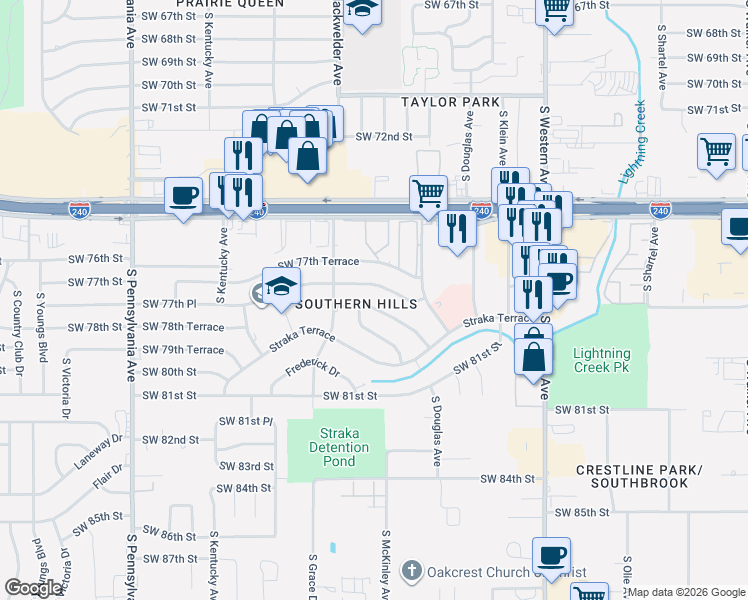 map of restaurants, bars, coffee shops, grocery stores, and more near 1205 Southwest 78th Terrace in Oklahoma City