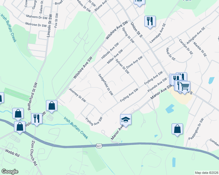 map of restaurants, bars, coffee shops, grocery stores, and more near 667 Sedgefield Street Southwest in Concord