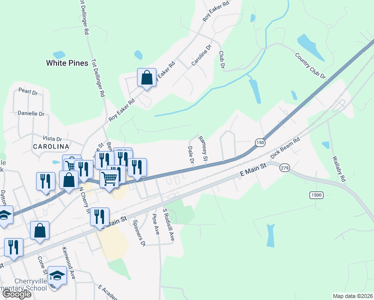 map of restaurants, bars, coffee shops, grocery stores, and more near 203 Dale Drive in Cherryville