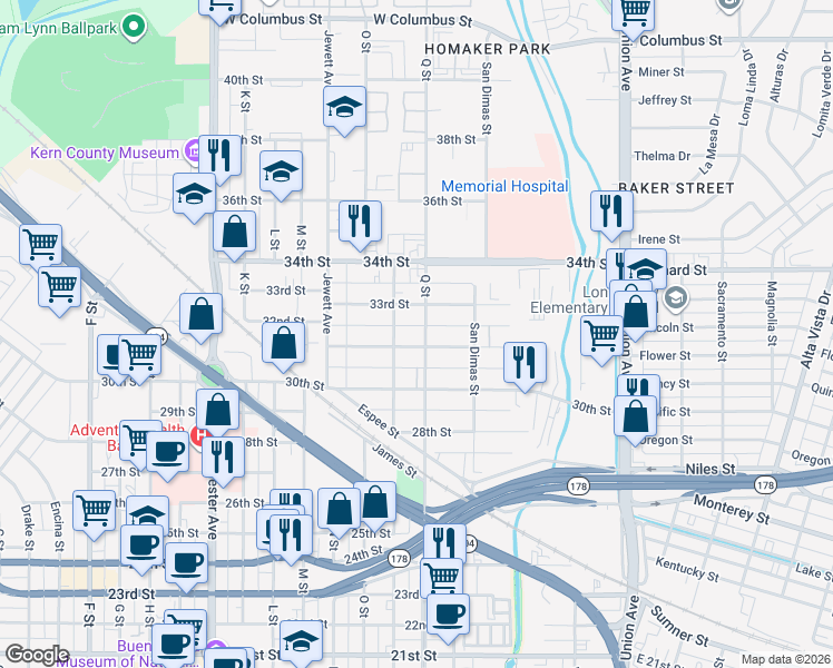map of restaurants, bars, coffee shops, grocery stores, and more near 3111 Q Street in Bakersfield