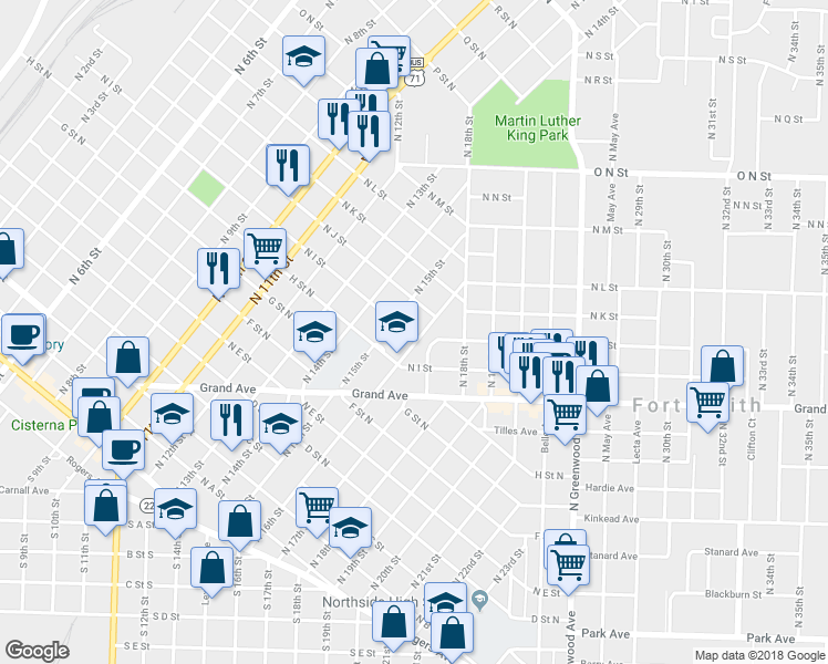 map of restaurants, bars, coffee shops, grocery stores, and more near 901 North 16th Street in Fort Smith