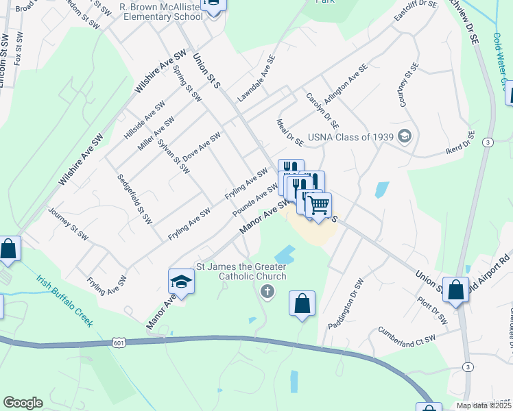 map of restaurants, bars, coffee shops, grocery stores, and more near 81 Pounds Avenue Southwest in Concord