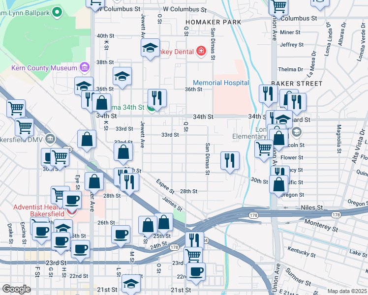 map of restaurants, bars, coffee shops, grocery stores, and more near 3111 Q Street in Bakersfield