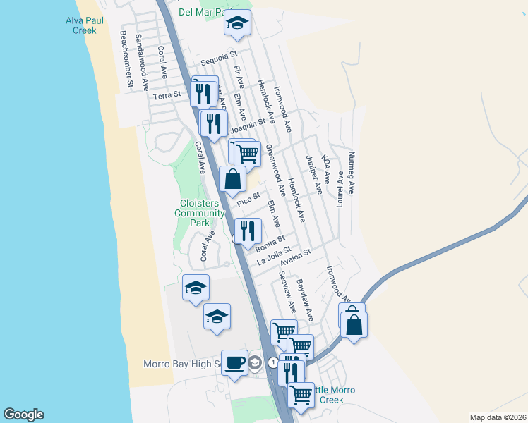 map of restaurants, bars, coffee shops, grocery stores, and more near 470 Las Vegas Street in Morro Bay