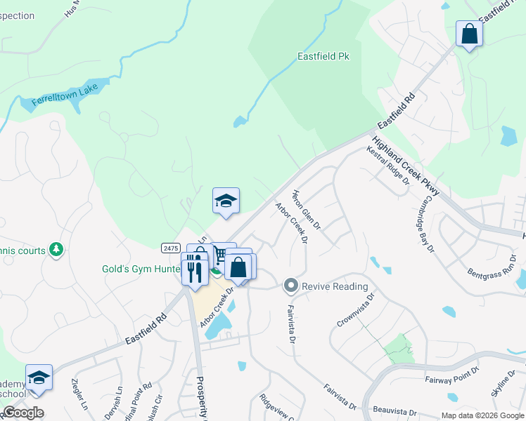 map of restaurants, bars, coffee shops, grocery stores, and more near 13340 Eastfield Road in Huntersville