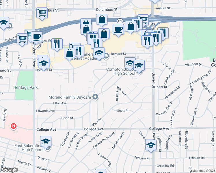 map of restaurants, bars, coffee shops, grocery stores, and more near 3000 Edwards Avenue in Bakersfield