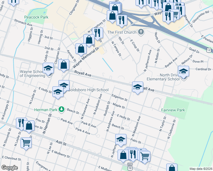 map of restaurants, bars, coffee shops, grocery stores, and more near 907 Rudolph Street in Goldsboro
