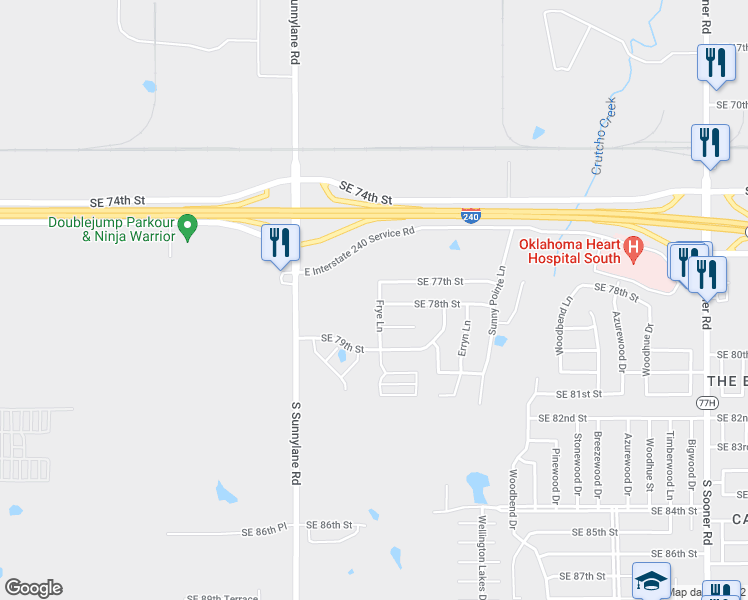 map of restaurants, bars, coffee shops, grocery stores, and more near 7821 Frye Lane in Oklahoma City