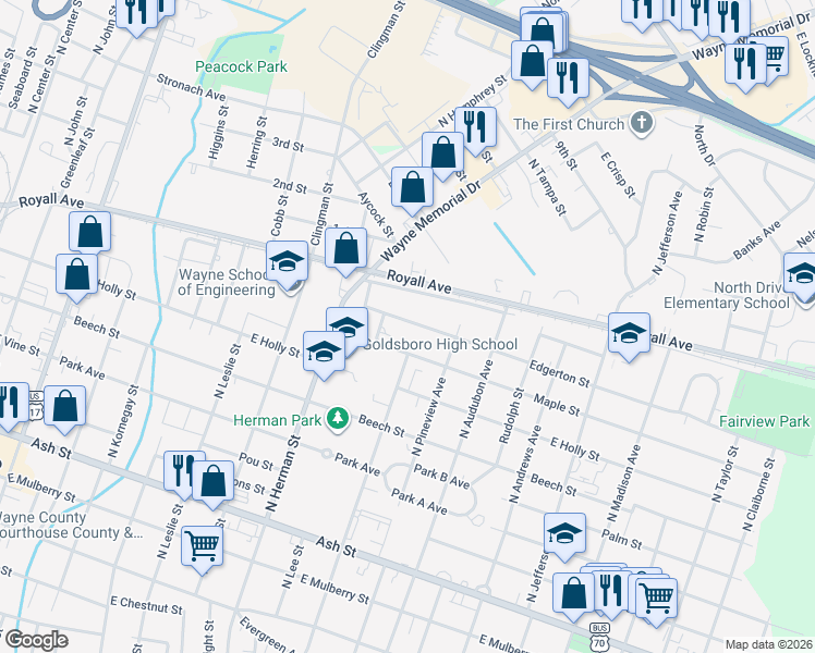 map of restaurants, bars, coffee shops, grocery stores, and more near 1008 Edgerton Street in Goldsboro
