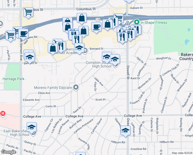 map of restaurants, bars, coffee shops, grocery stores, and more near 3124 Jade Avenue in Bakersfield