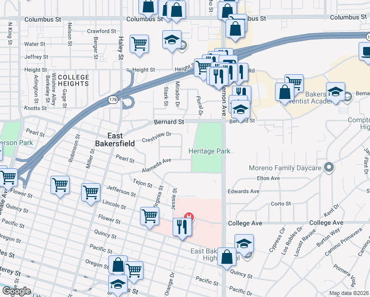 map of restaurants, bars, coffee shops, grocery stores, and more near 2209 Kamar Street in Bakersfield