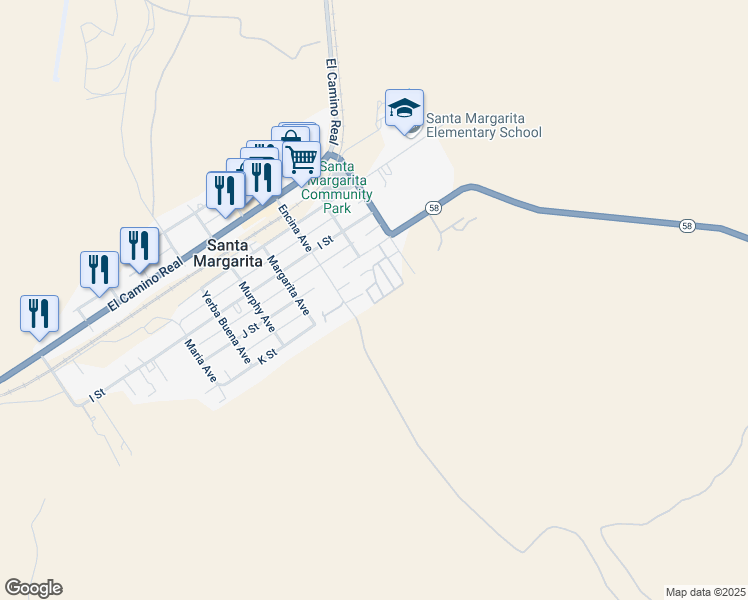 map of restaurants, bars, coffee shops, grocery stores, and more near 22275 K Street in Santa Margarita