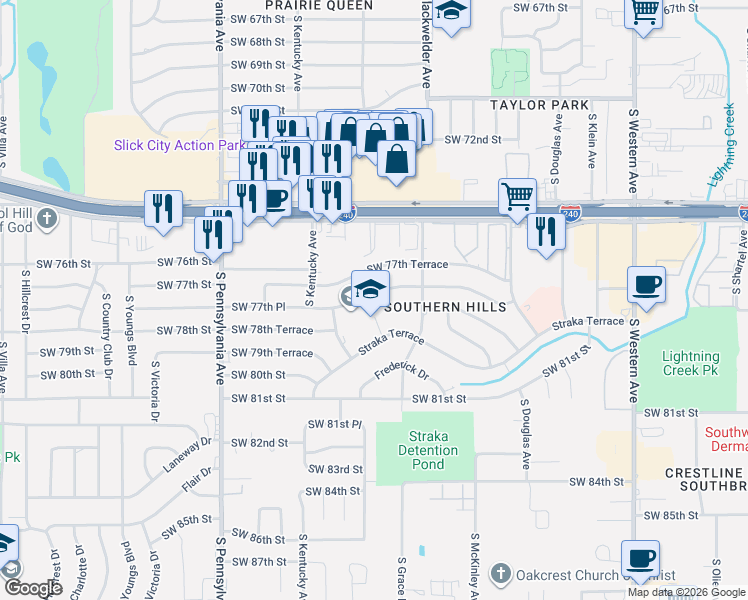 map of restaurants, bars, coffee shops, grocery stores, and more near 1352 Southwest 77th Place in Oklahoma City