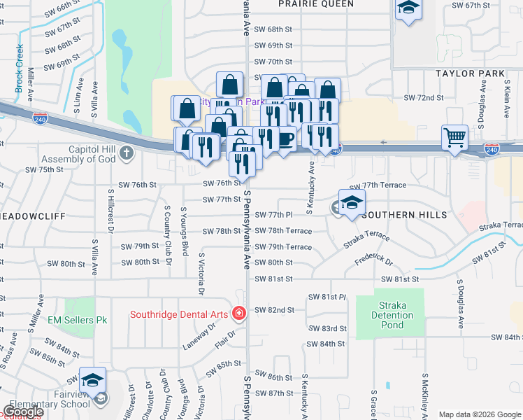 map of restaurants, bars, coffee shops, grocery stores, and more near 1606 Southwest 77th Place in Oklahoma City