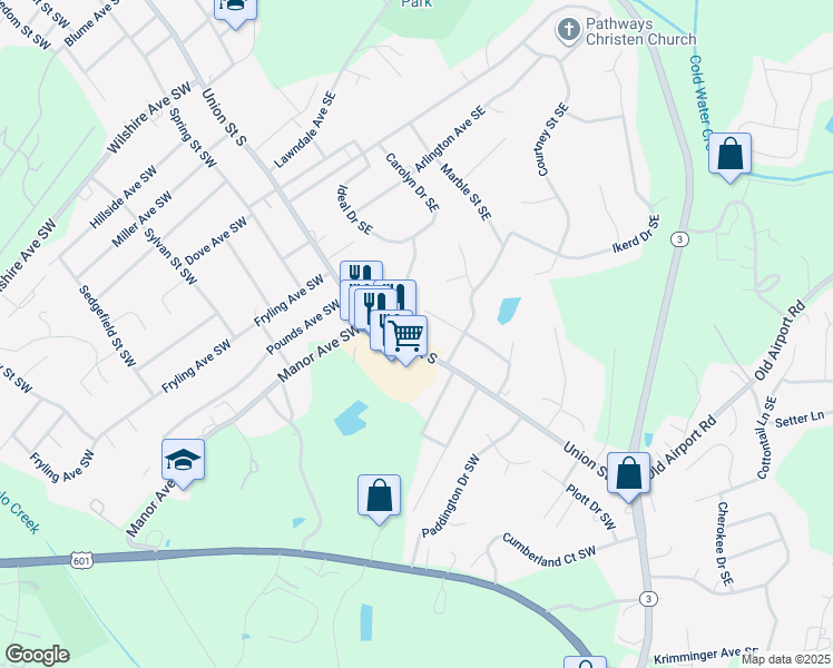 map of restaurants, bars, coffee shops, grocery stores, and more near Union Street South in Concord