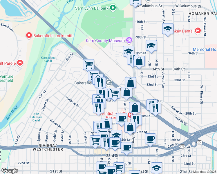 map of restaurants, bars, coffee shops, grocery stores, and more near 3120 F St in Bakersfield