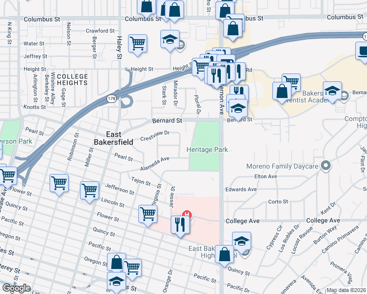 map of restaurants, bars, coffee shops, grocery stores, and more near 2209 Kamar Street in Bakersfield