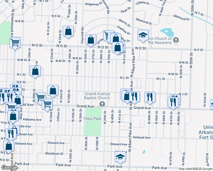 map of restaurants, bars, coffee shops, grocery stores, and more near 1221 North 39th Street in Fort Smith