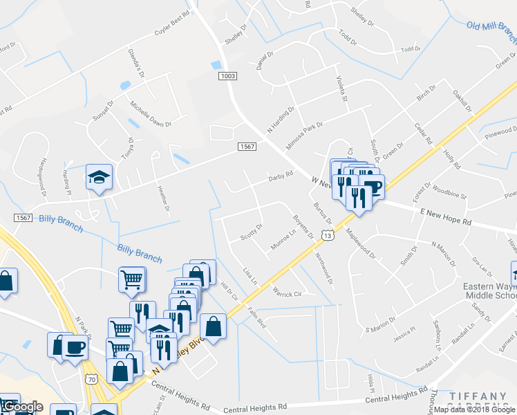 map of restaurants, bars, coffee shops, grocery stores, and more near 1601 Scotty Drive in Goldsboro
