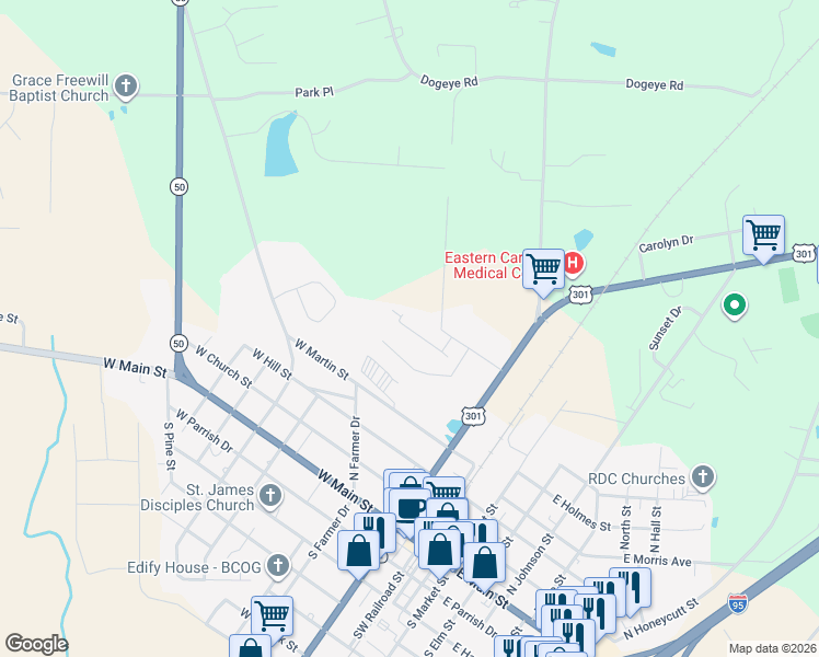 map of restaurants, bars, coffee shops, grocery stores, and more near 305 West Hale Street in Benson