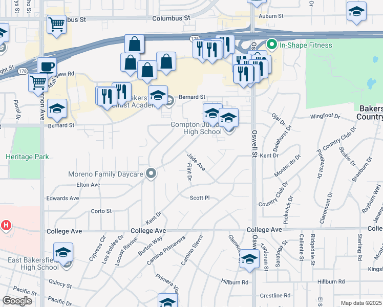 map of restaurants, bars, coffee shops, grocery stores, and more near 3124 Jade Avenue in Bakersfield