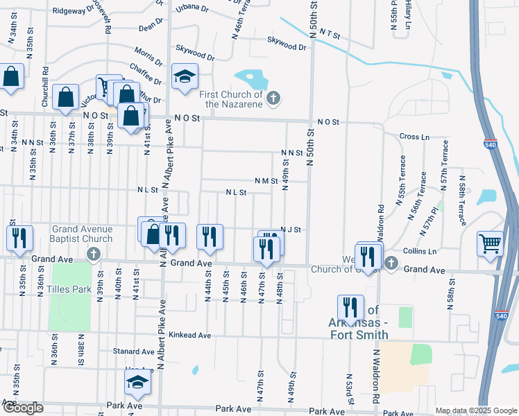 map of restaurants, bars, coffee shops, grocery stores, and more near 1306 North 47th Street in Fort Smith