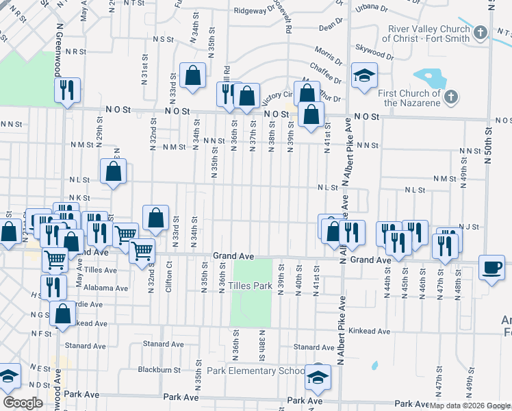 map of restaurants, bars, coffee shops, grocery stores, and more near 1211 North 38th Street in Fort Smith