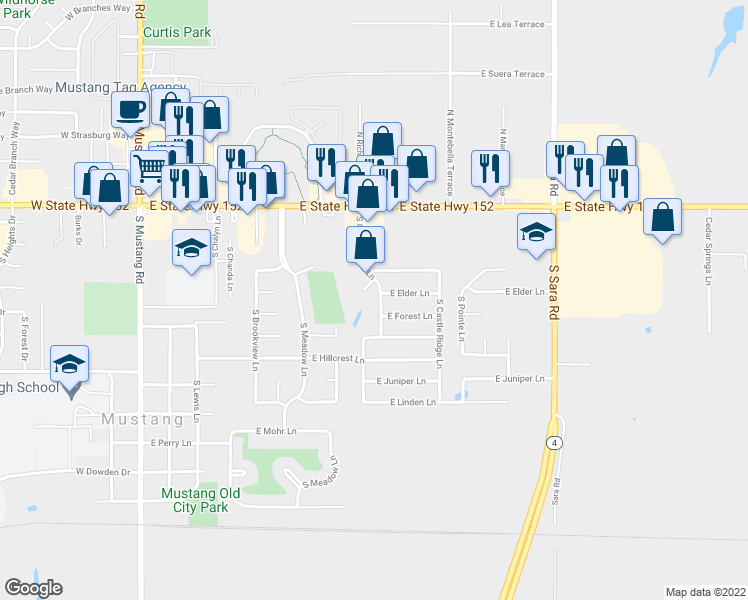 map of restaurants, bars, coffee shops, grocery stores, and more near 407 South Castle Rock Lane in Mustang