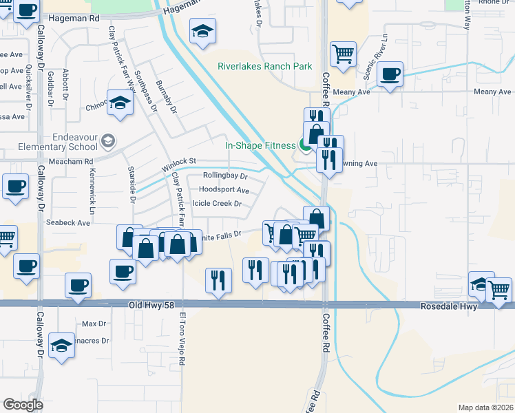 map of restaurants, bars, coffee shops, grocery stores, and more near 8502 Cape Flattery Drive in Bakersfield