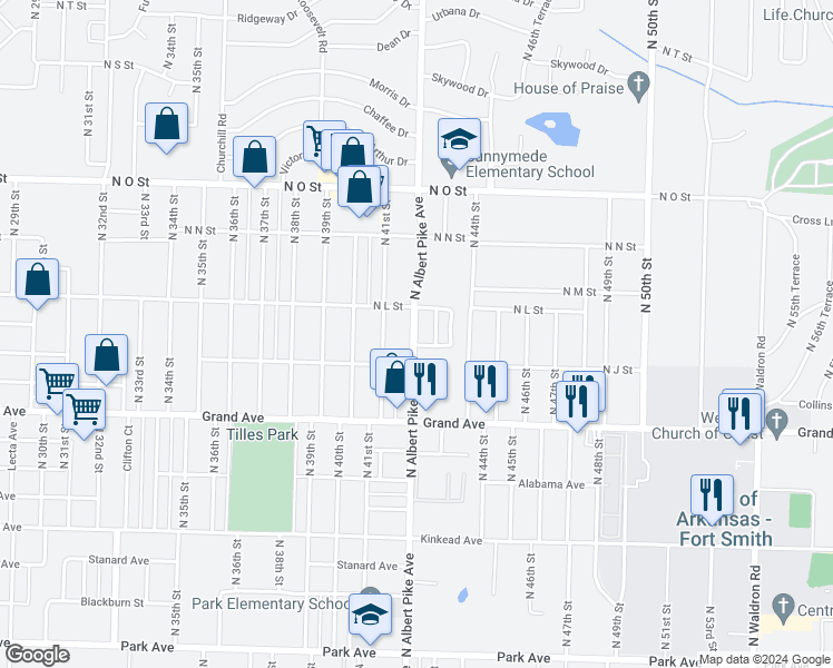 map of restaurants, bars, coffee shops, grocery stores, and more near 1219 North Albert Pike Avenue in Fort Smith