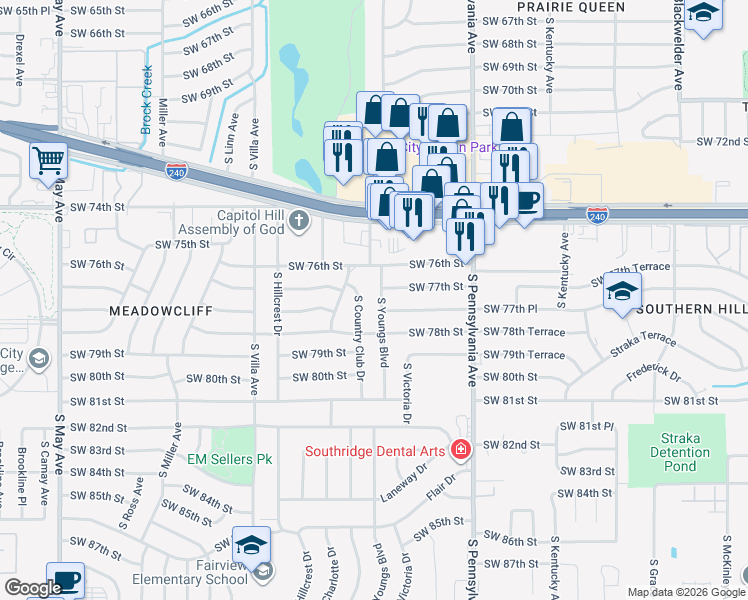 map of restaurants, bars, coffee shops, grocery stores, and more near 7800 South Country Club Drive in Oklahoma City