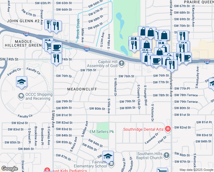 map of restaurants, bars, coffee shops, grocery stores, and more near 7732 South Villa Avenue in Oklahoma City