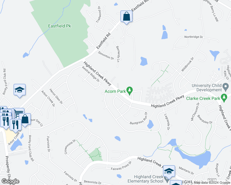 map of restaurants, bars, coffee shops, grocery stores, and more near 5738 Bentgrass Run Drive in Charlotte