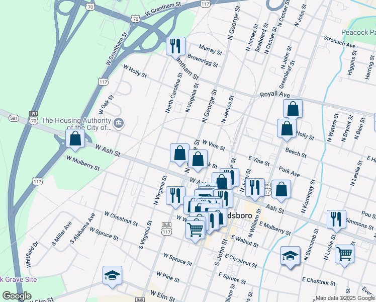 map of restaurants, bars, coffee shops, grocery stores, and more near 403 North George Street in Goldsboro
