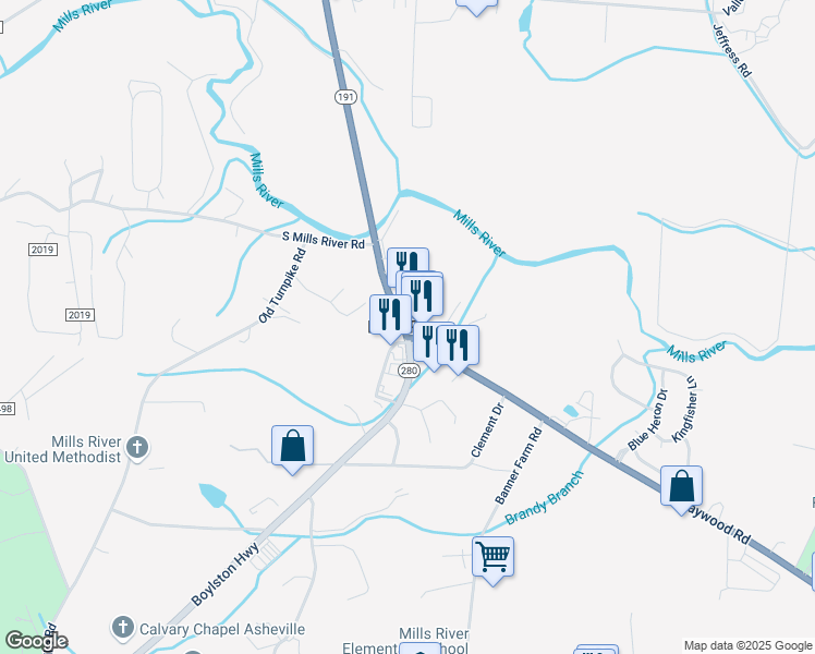 map of restaurants, bars, coffee shops, grocery stores, and more near in Mills River