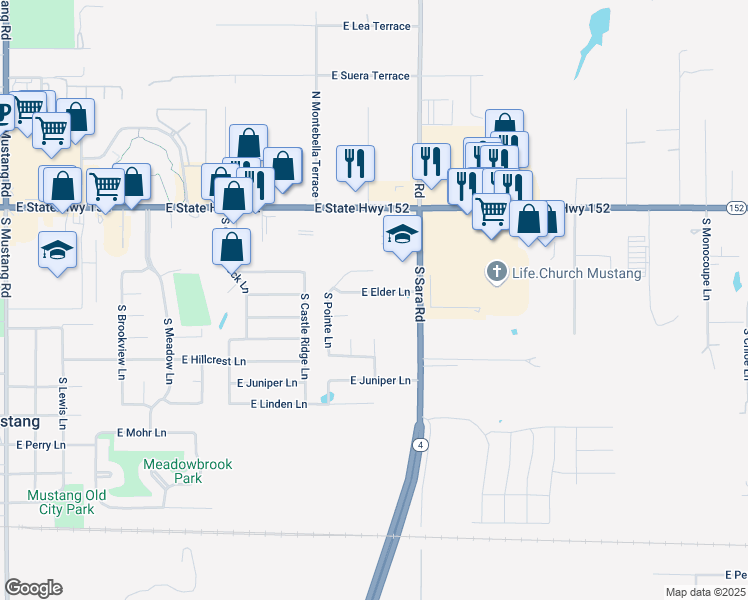 map of restaurants, bars, coffee shops, grocery stores, and more near 802 East Elder Lane in Mustang