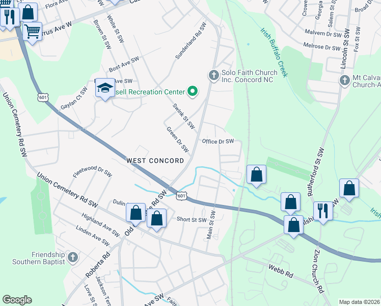 map of restaurants, bars, coffee shops, grocery stores, and more near 715 Old Charlotte Road Southwest in Concord