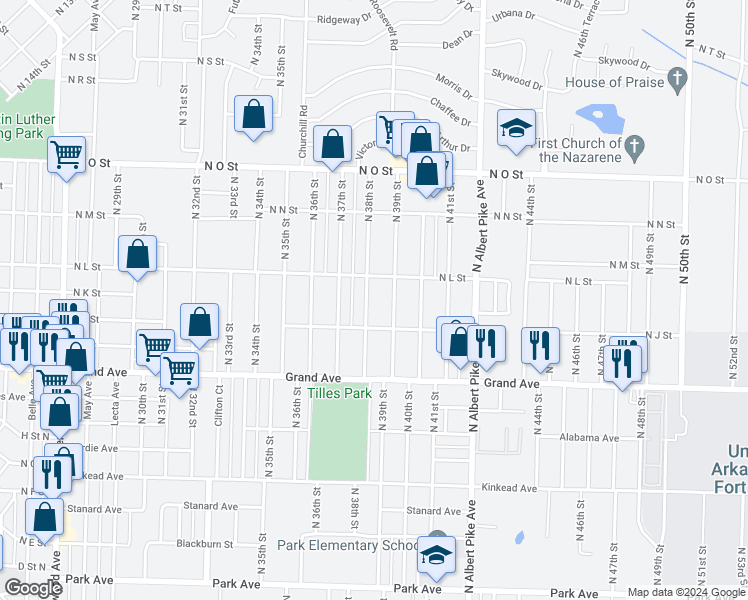 map of restaurants, bars, coffee shops, grocery stores, and more near 1300 North 38th Street in Fort Smith