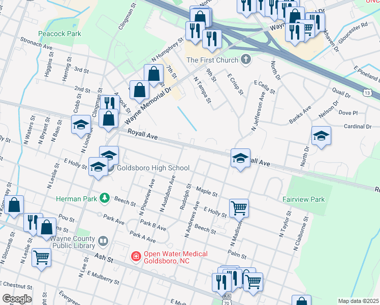 map of restaurants, bars, coffee shops, grocery stores, and more near 1228 Atlantic Avenue in Goldsboro