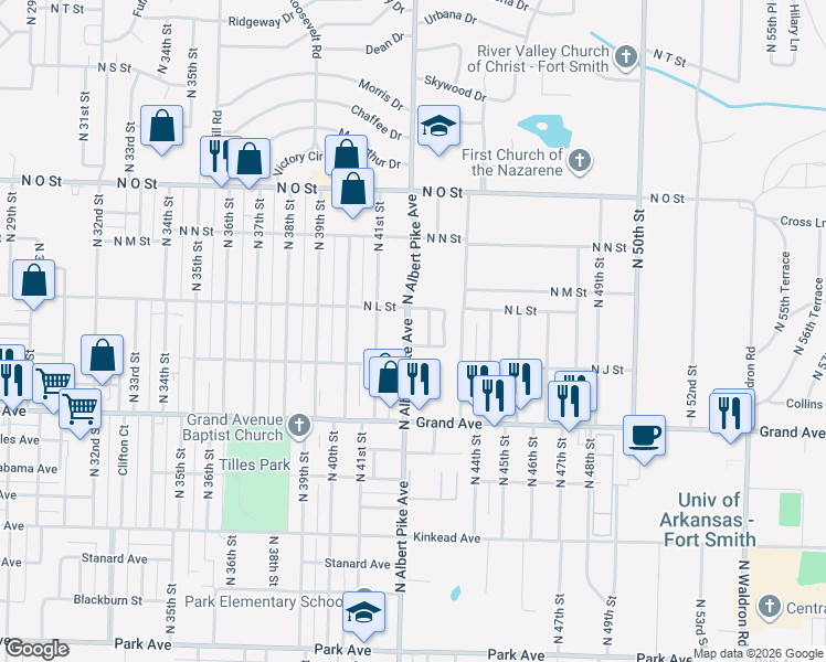map of restaurants, bars, coffee shops, grocery stores, and more near 1224 North Albert Pike Avenue in Fort Smith
