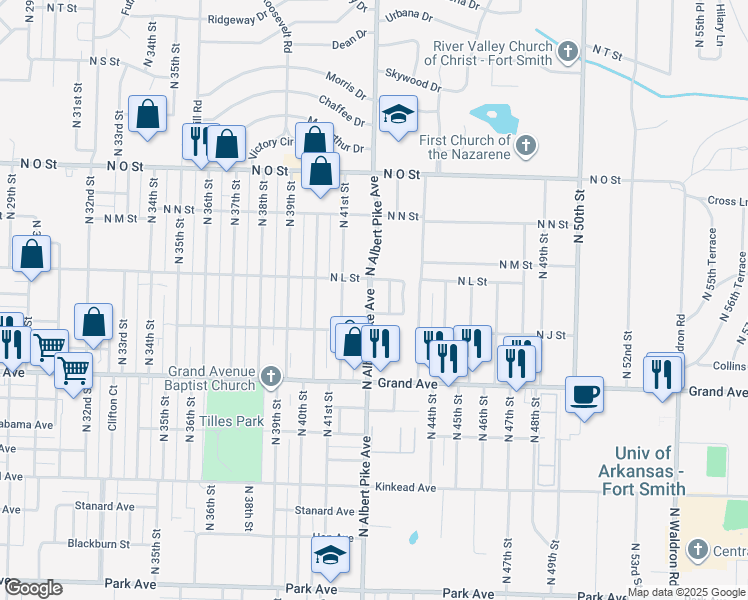 map of restaurants, bars, coffee shops, grocery stores, and more near 1216 North Albert Pike Avenue in Fort Smith