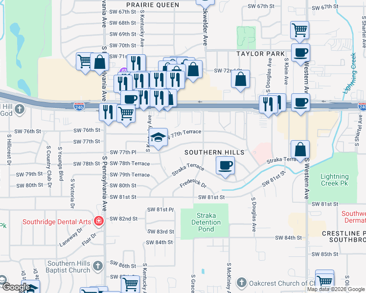 map of restaurants, bars, coffee shops, grocery stores, and more near 1324 Southwest 77th Place in Oklahoma City