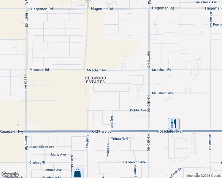 map of restaurants, bars, coffee shops, grocery stores, and more near 3021 Redwood Hill Court in Bakersfield