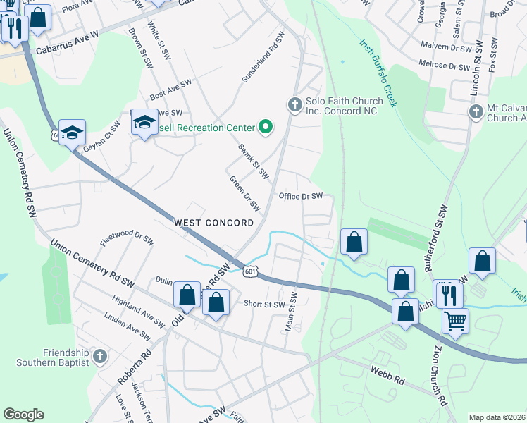 map of restaurants, bars, coffee shops, grocery stores, and more near 715 Old Charlotte Road Southwest in Concord