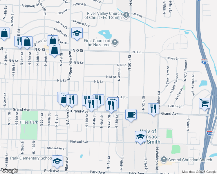 map of restaurants, bars, coffee shops, grocery stores, and more near 1216 North 47th Street in Fort Smith